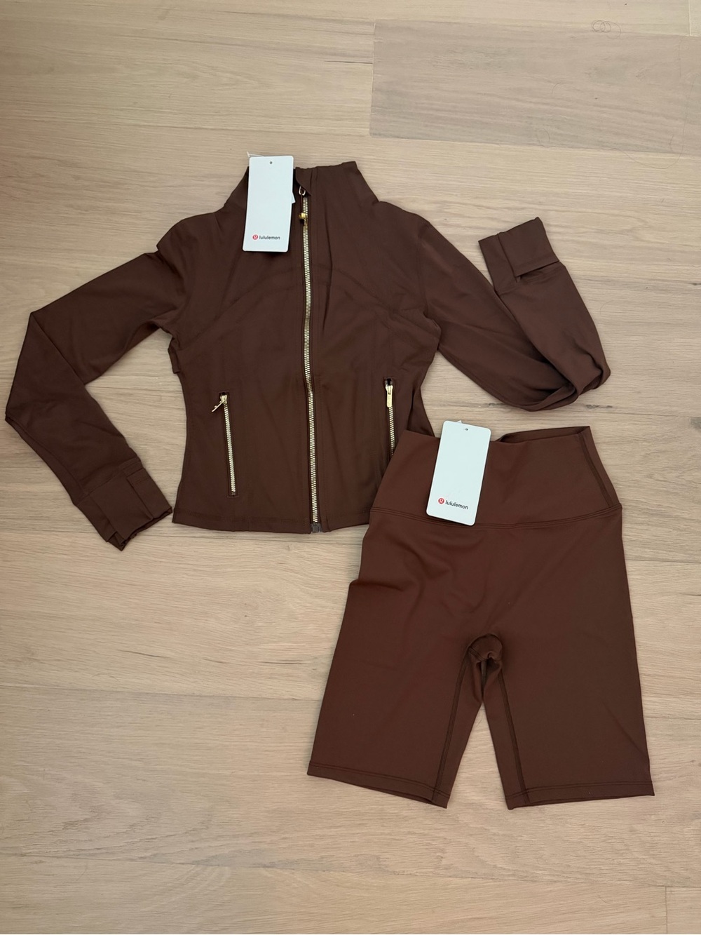 lululemon athletica Brown Zip Jacket & High-Rise Biker Shorts Set